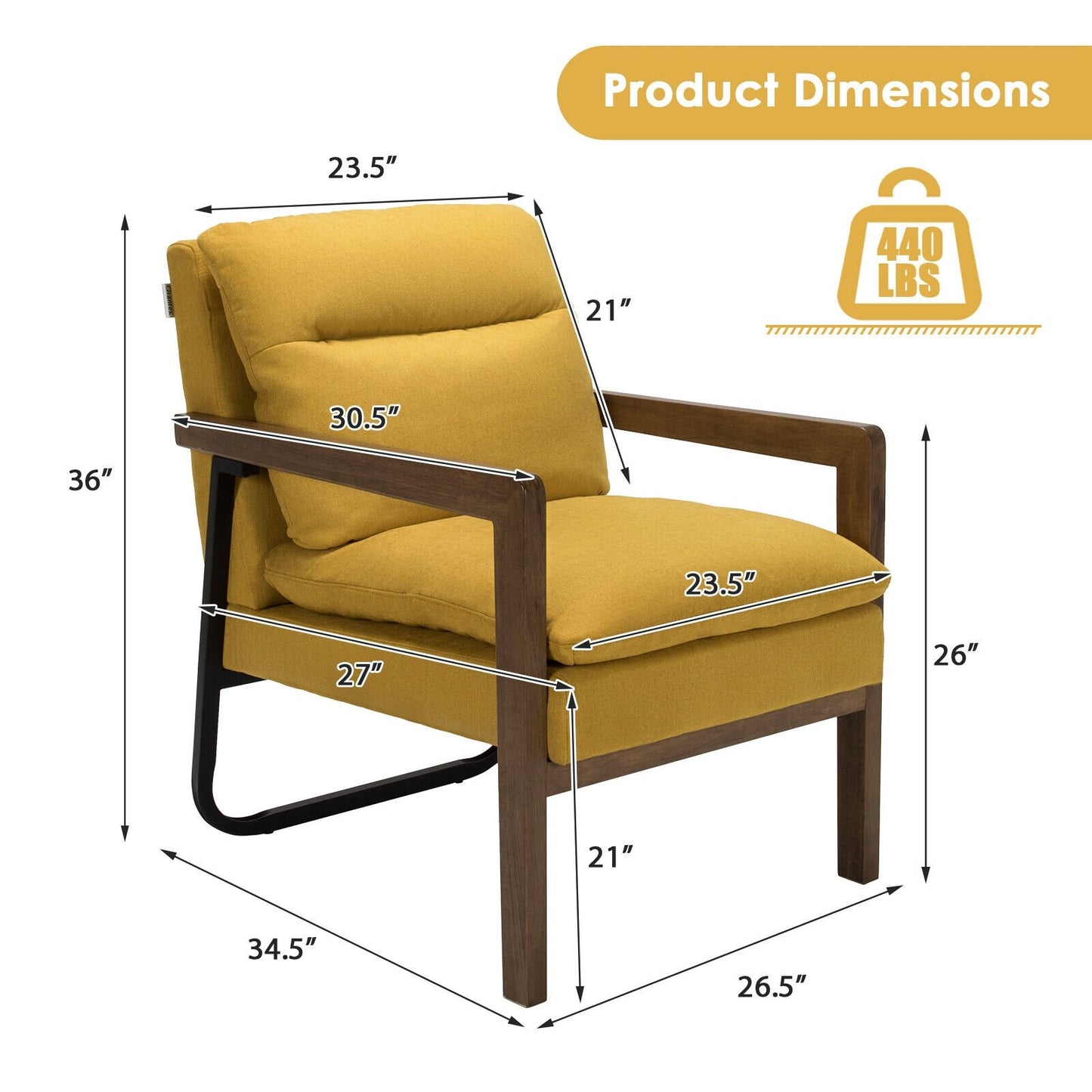 Cozy Upholstered Accent Chair with Thick Seat and Back Cushions – Yellow