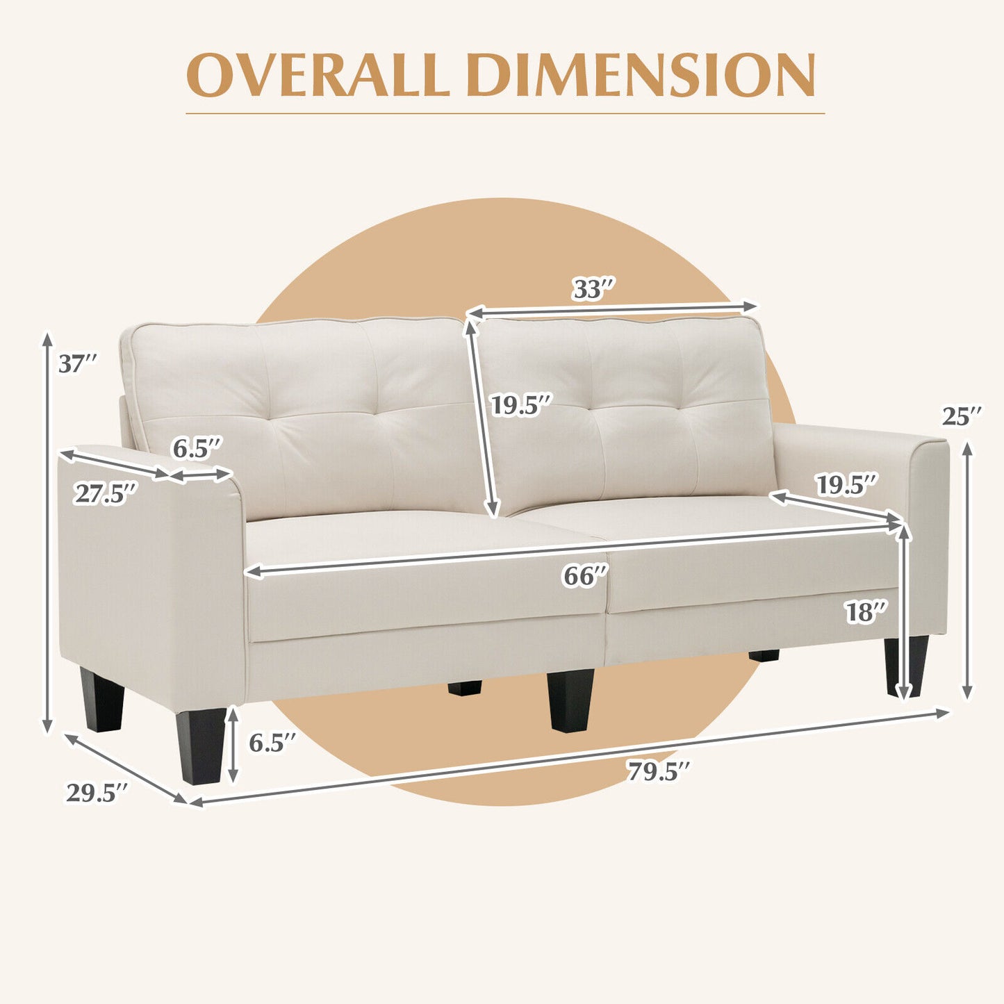 79.5 Inch Beige Loveseat Sofa with Removable Back Cushions and Soft Fabric Upholstery