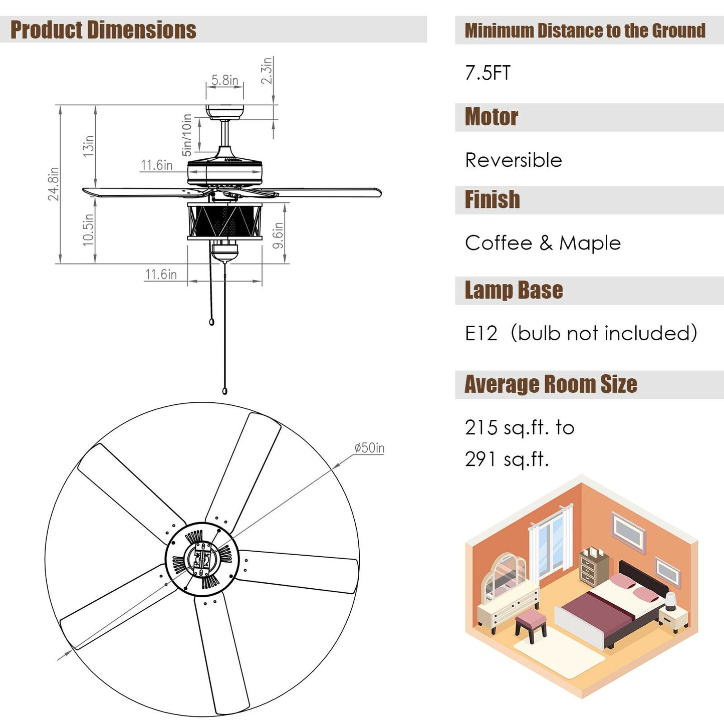 50 Inch Ceiling Fan with Reversible Blades, Lights, and Pull Chain Control