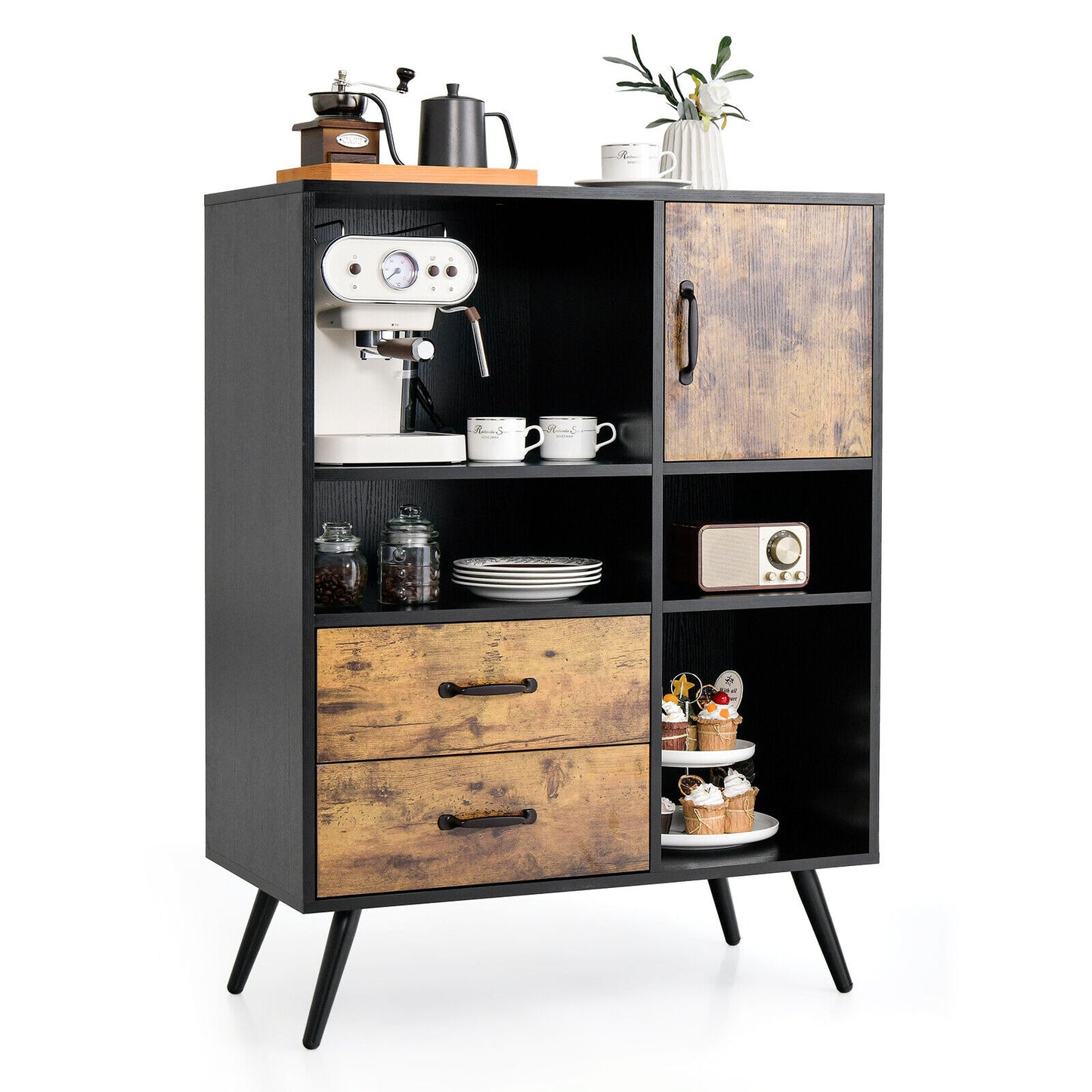 Mid-Century Modern Kitchen Buffet Cabinet with Storage Drawers Open Shelves and Single-Door Cupboard