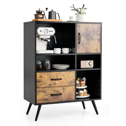 Mid-Century Modern Kitchen Buffet Cabinet with Storage Drawers Open Shelves and Single-Door Cupboard