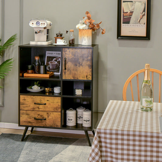 Mid-Century Modern Kitchen Buffet Cabinet with Storage Drawers Open Shelves and Single-Door Cupboard