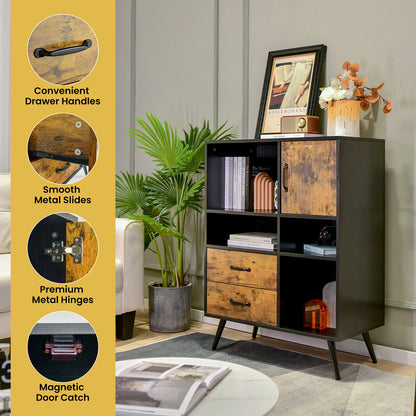 Mid-Century Modern Kitchen Buffet Cabinet with Storage Drawers Open Shelves and Single-Door Cupboard