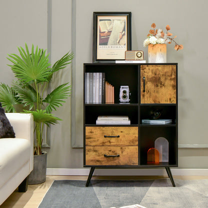 Mid-Century Modern Kitchen Buffet Cabinet with Storage Drawers Open Shelves and Single-Door Cupboard