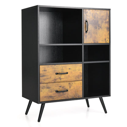 Mid-Century Modern Kitchen Buffet Cabinet with Storage Drawers Open Shelves and Single-Door Cupboard