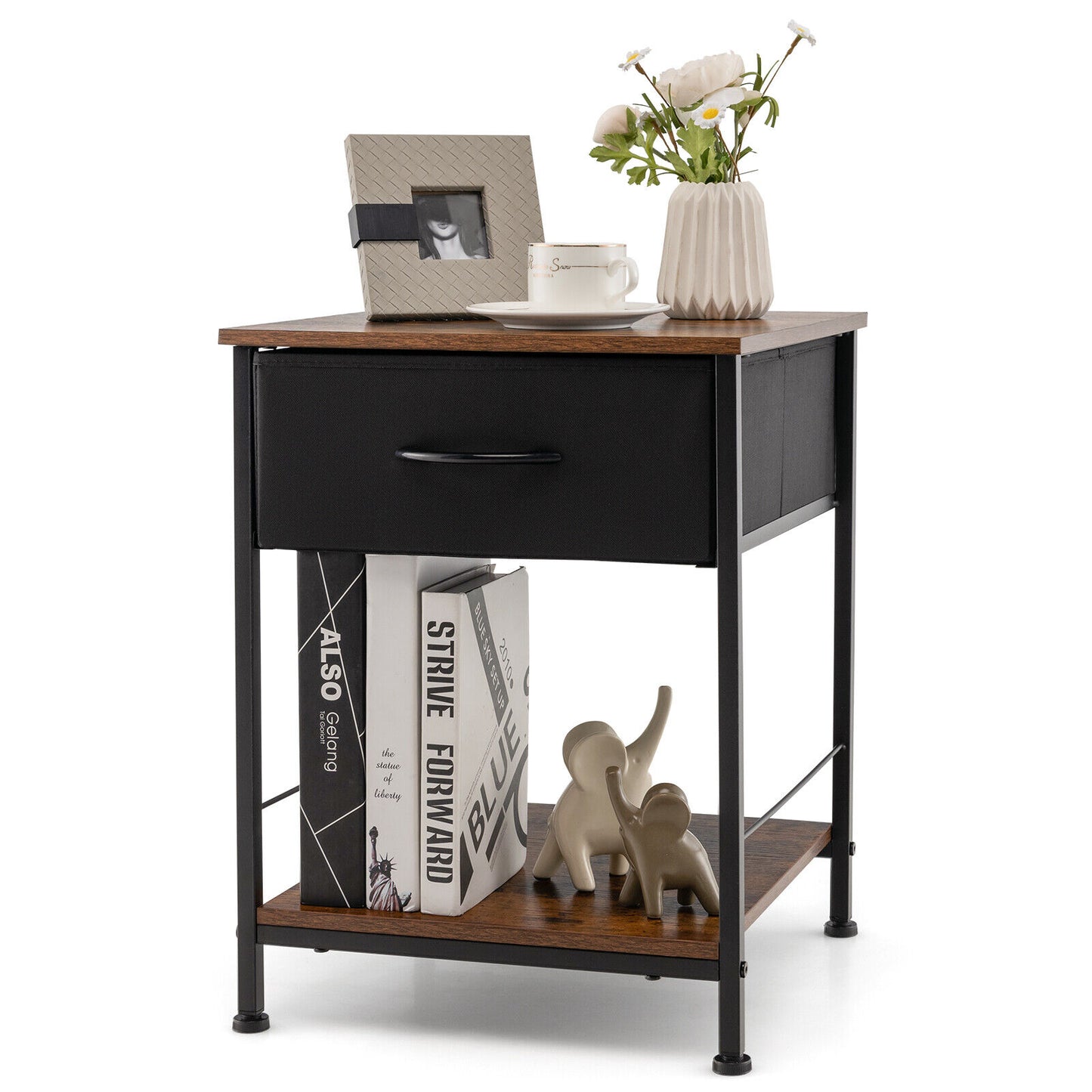 Rustic Wood Nightstand with Drawer and Open Shelf for Bedroom or Living Room
