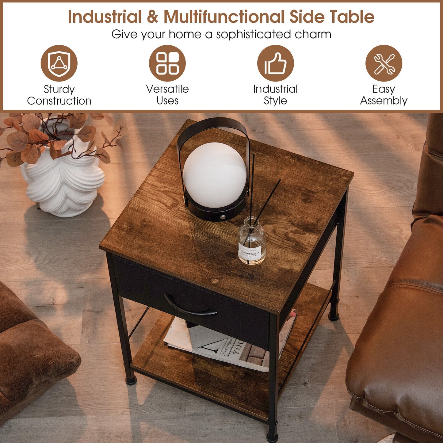 Rustic Wood Nightstand with Drawer and Open Shelf for Bedroom or Living Room