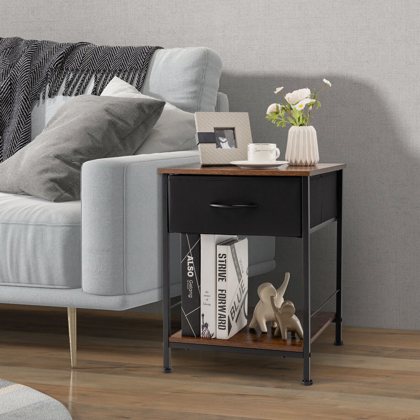 Rustic Wood Nightstand with Drawer and Open Shelf for Bedroom or Living Room