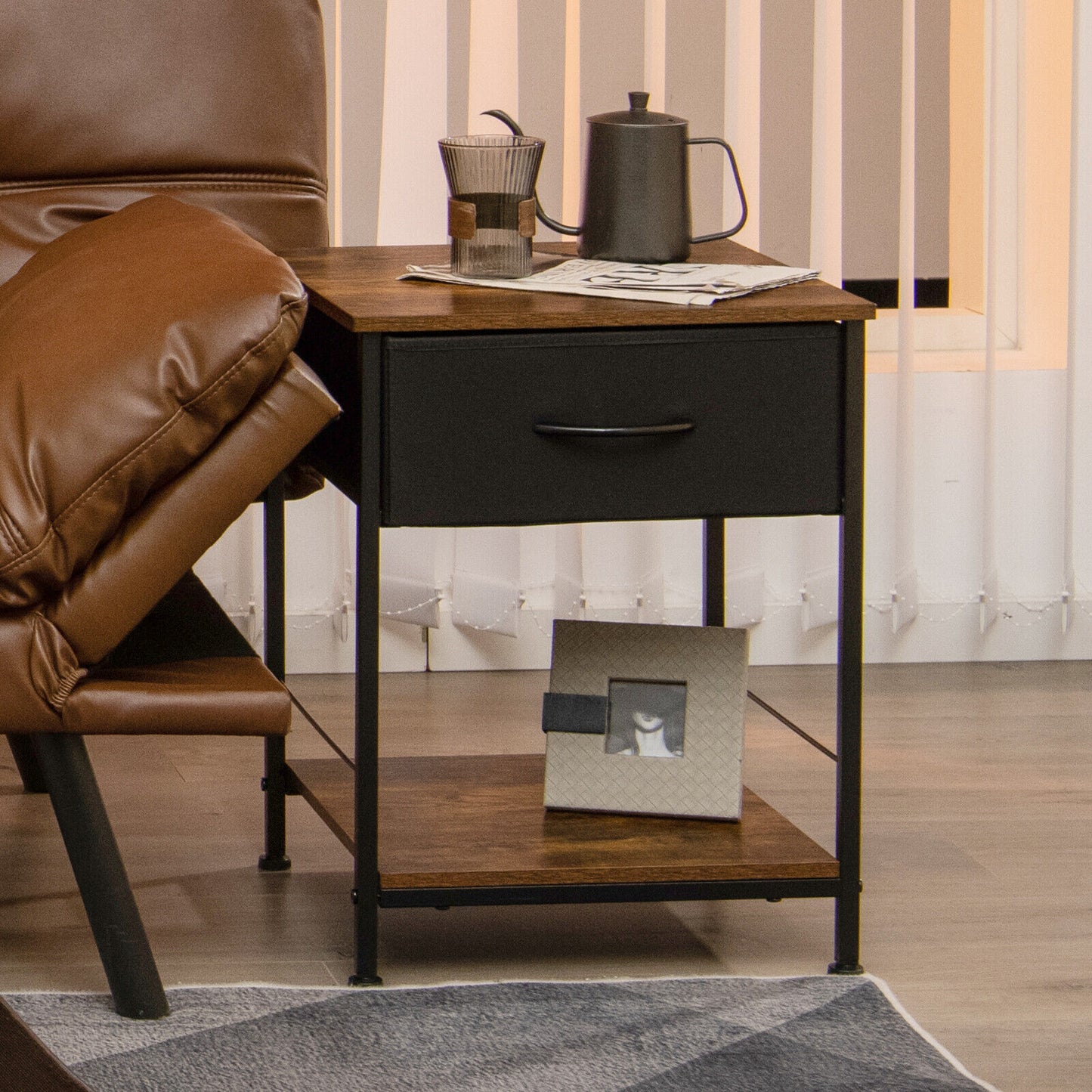 Rustic Wood Nightstand with Drawer and Open Shelf for Bedroom or Living Room