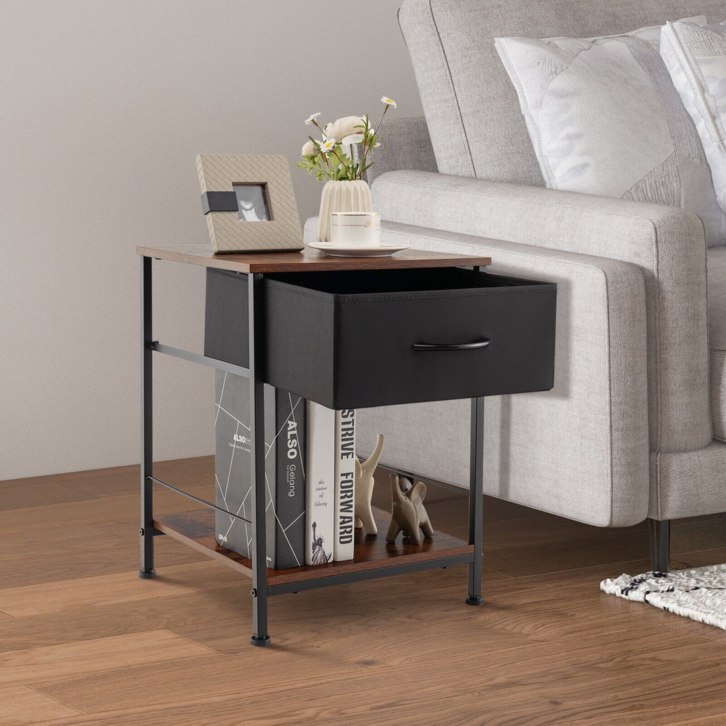 Rustic Wood Nightstand with Drawer and Open Shelf for Bedroom or Living Room