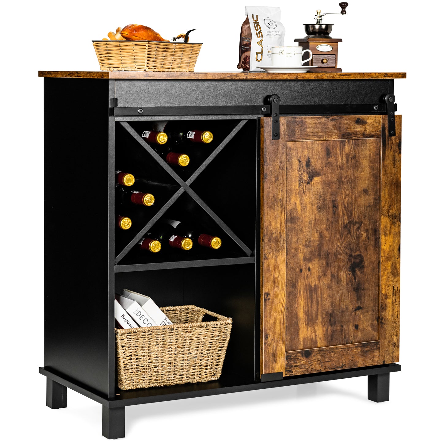 Rustic Buffet Sideboard with Sliding Barn Door and Wine Storage Cabinet