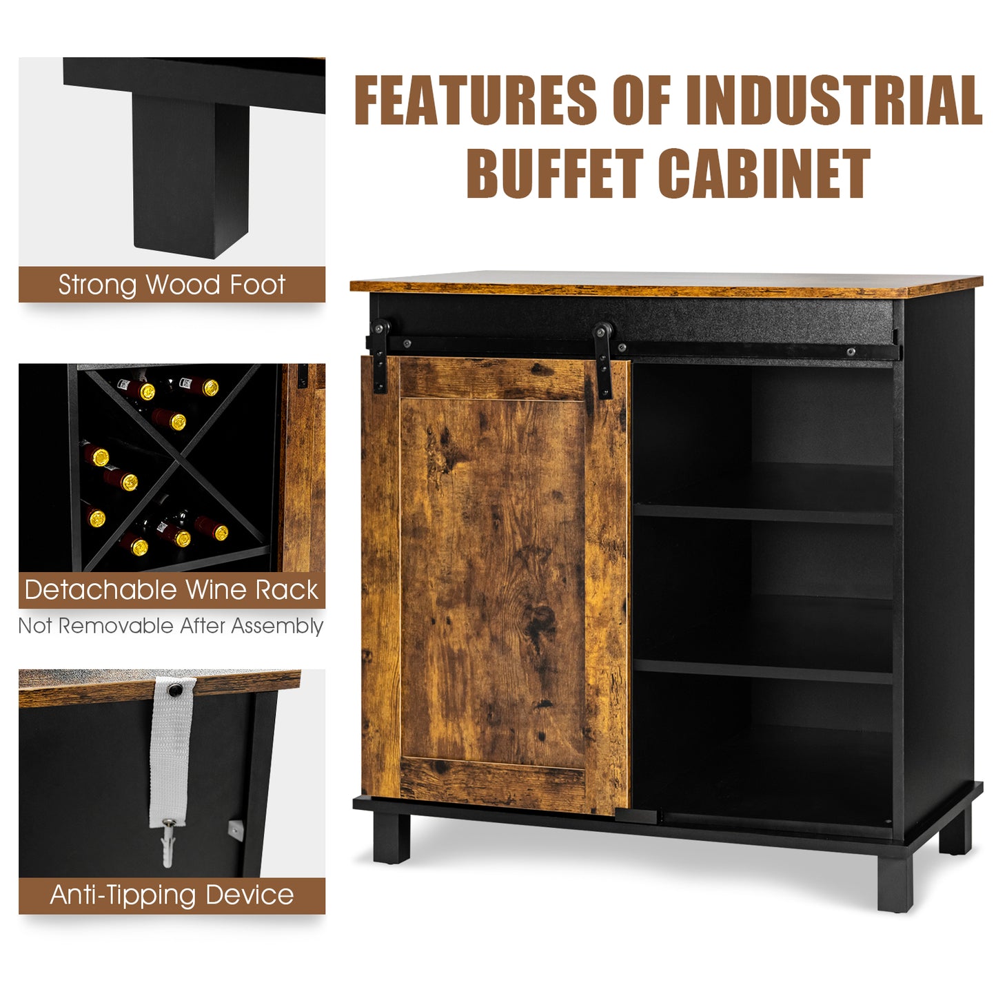 Rustic Buffet Sideboard with Sliding Barn Door and Wine Storage Cabinet