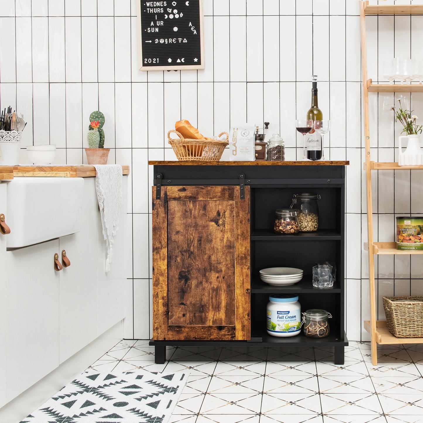 Rustic Buffet Sideboard with Sliding Barn Door and Wine Storage Cabinet