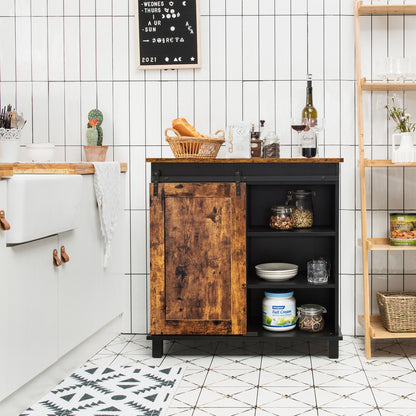 Rustic Buffet Sideboard with Sliding Barn Door and Wine Storage Cabinet