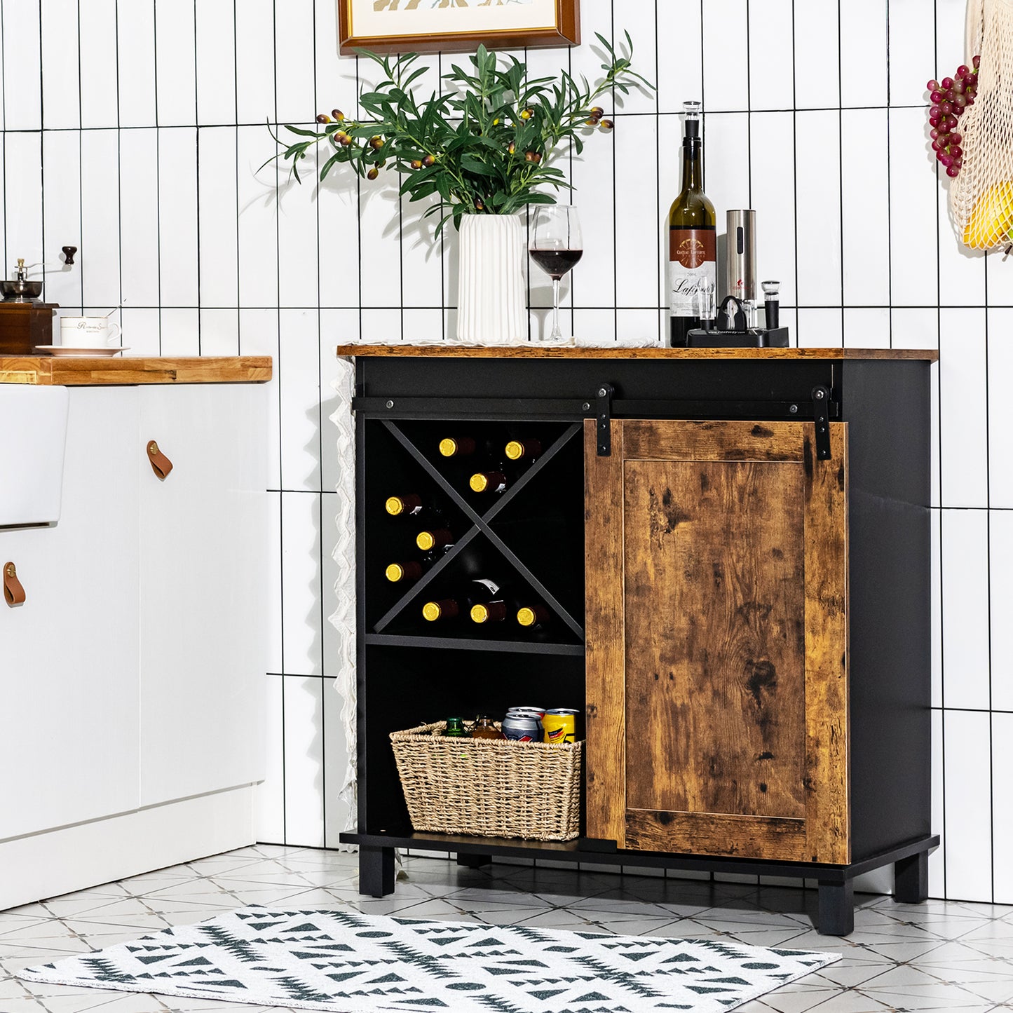 Rustic Buffet Sideboard with Sliding Barn Door and Wine Storage Cabinet