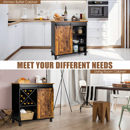 Rustic Buffet Sideboard with Sliding Barn Door and Wine Storage Cabinet