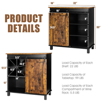 Rustic Buffet Sideboard with Sliding Barn Door and Wine Storage Cabinet