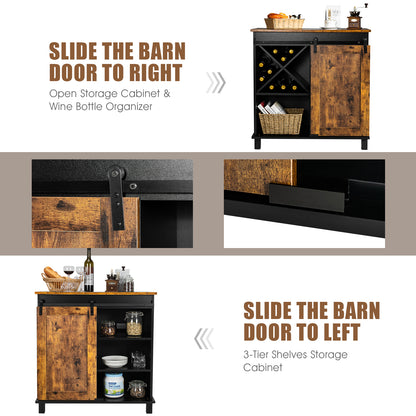 Rustic Buffet Sideboard with Sliding Barn Door and Wine Storage Cabinet