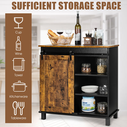 Rustic Buffet Sideboard with Sliding Barn Door and Wine Storage Cabinet