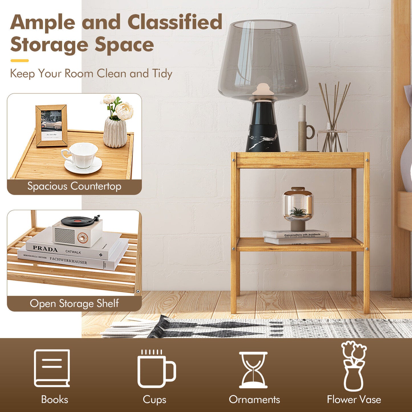 Set of 2 Bamboo Nightstands with Open Shelf for Bedroom and Living Room