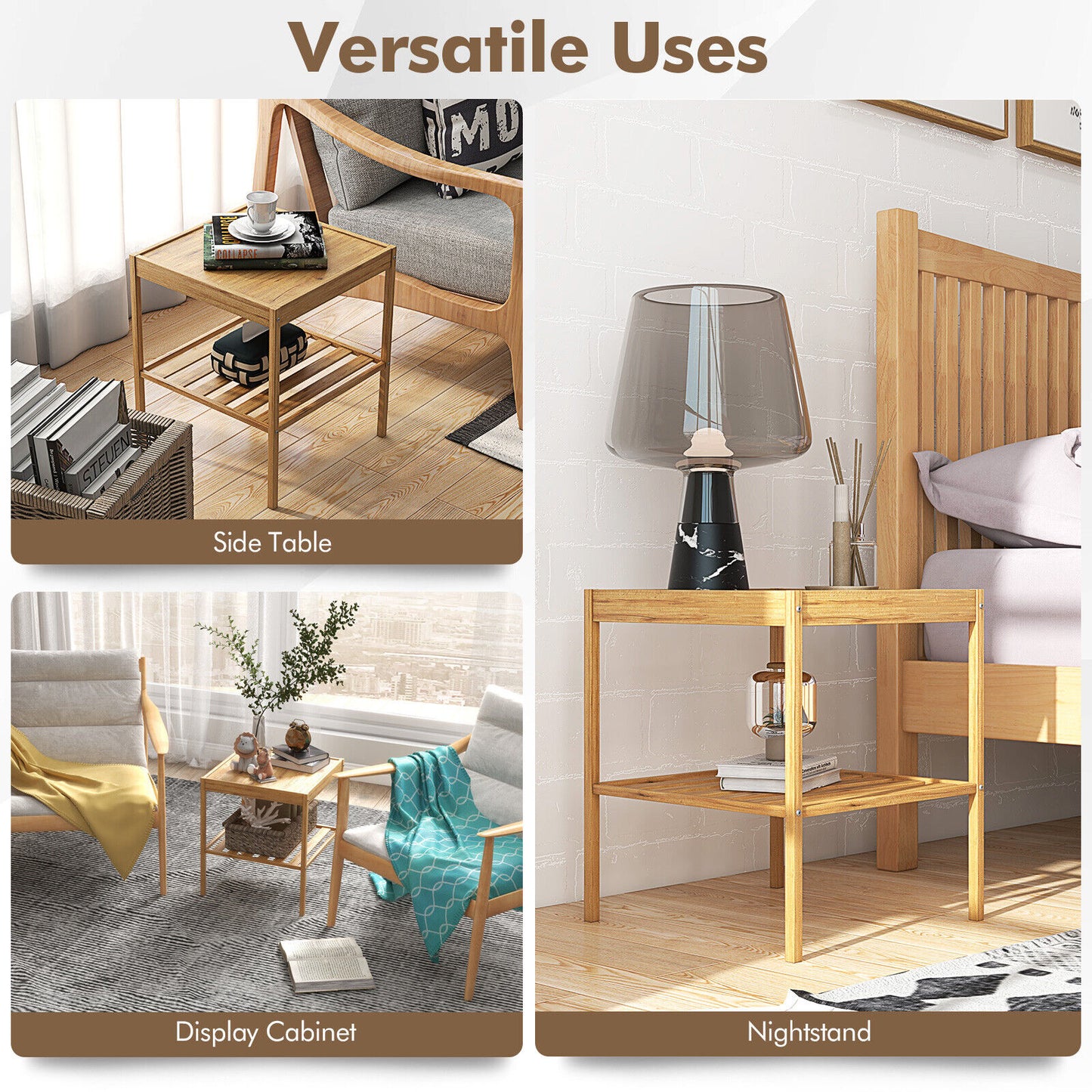 Set of 2 Bamboo Nightstands with Open Shelf for Bedroom and Living Room