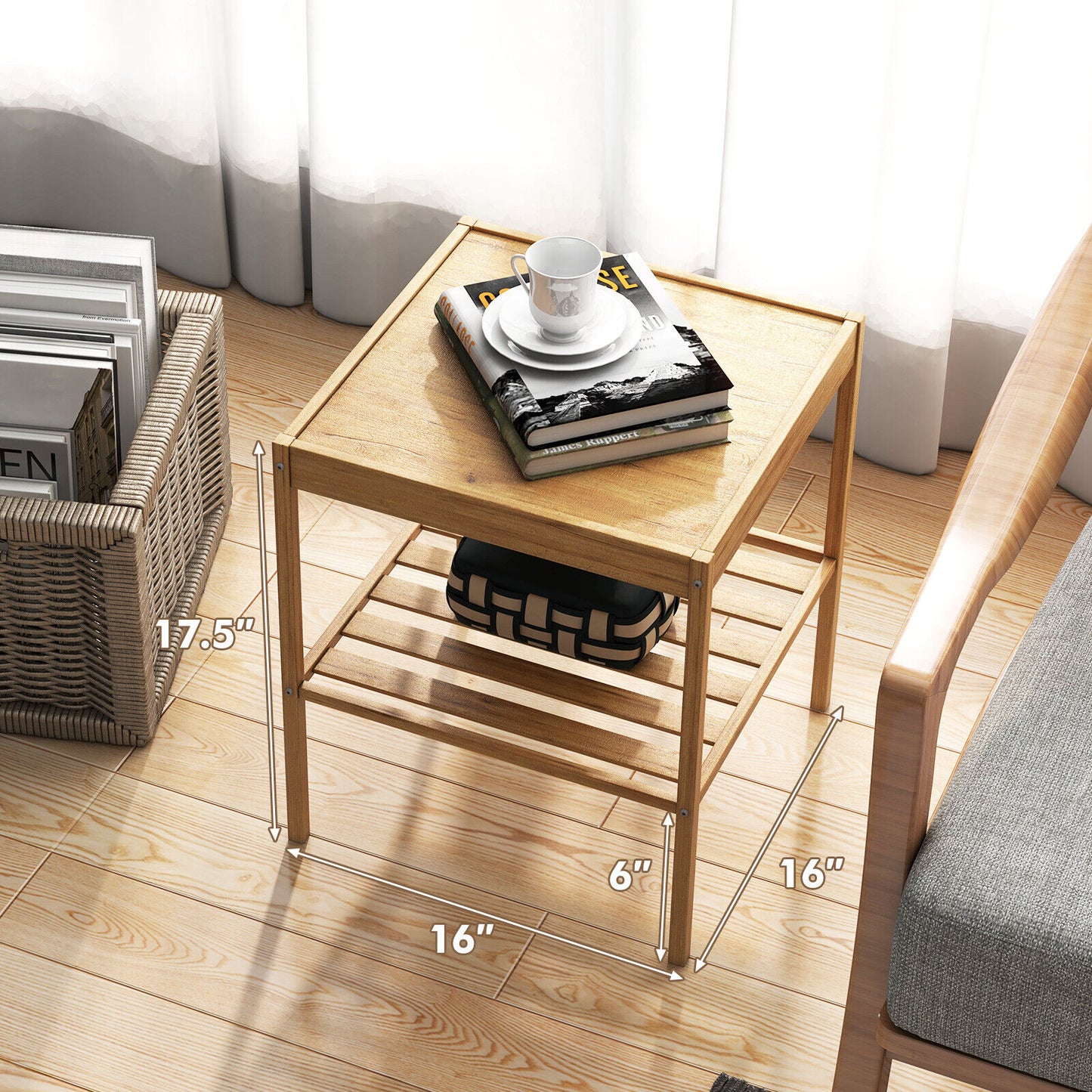 Set of 2 Bamboo Nightstands with Open Shelf for Bedroom and Living Room