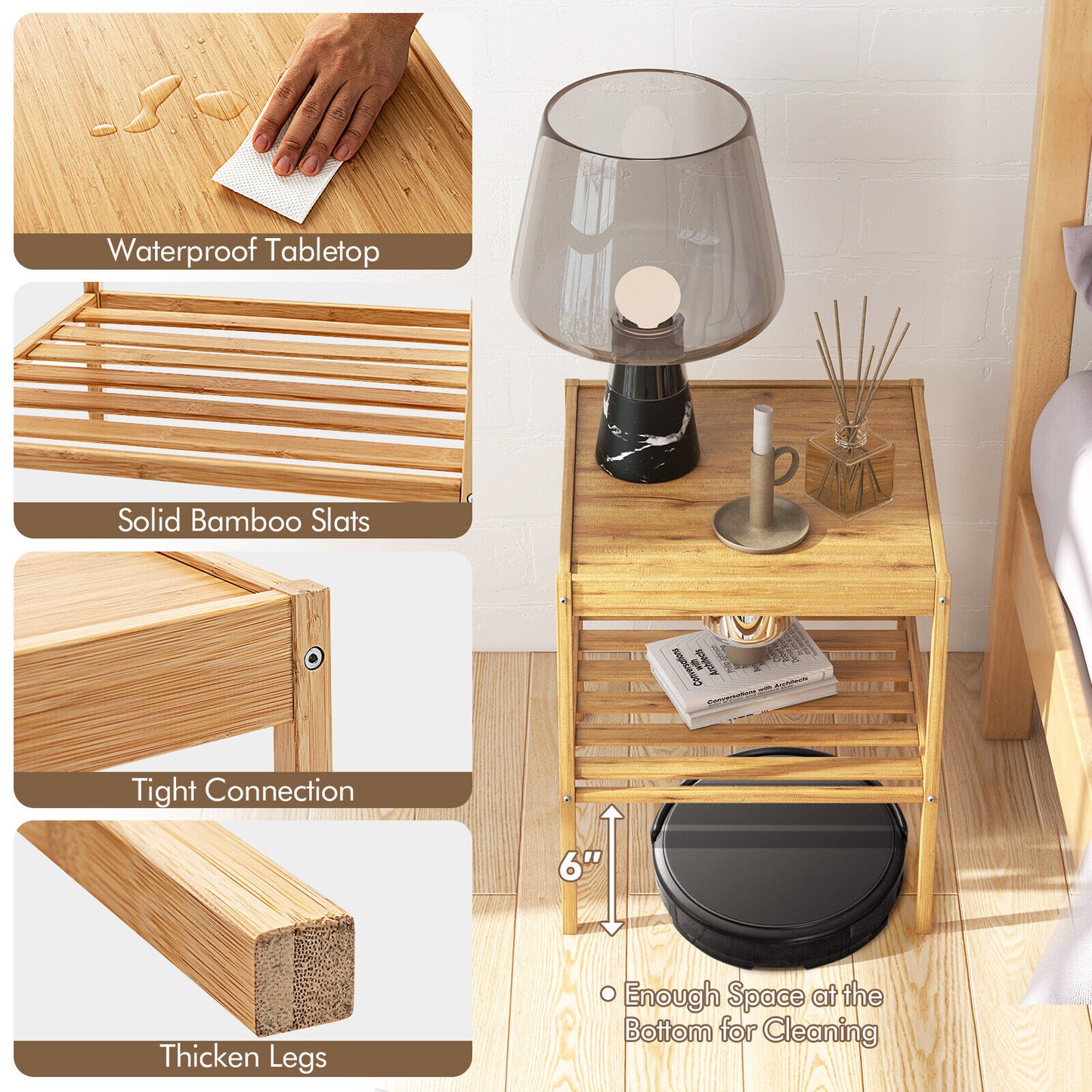 Set of 2 Bamboo Nightstands with Open Shelf for Bedroom and Living Room