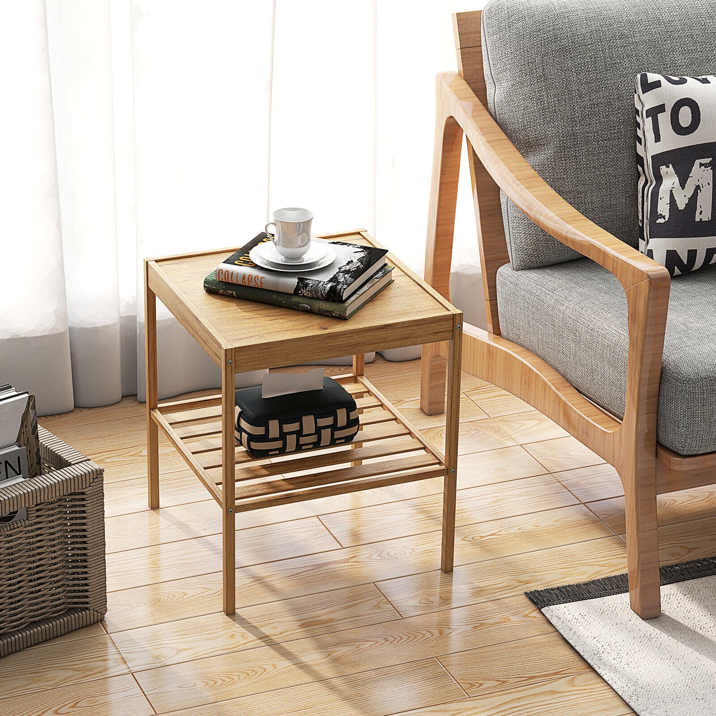 Set of 2 Bamboo Nightstands with Open Shelf for Bedroom and Living Room