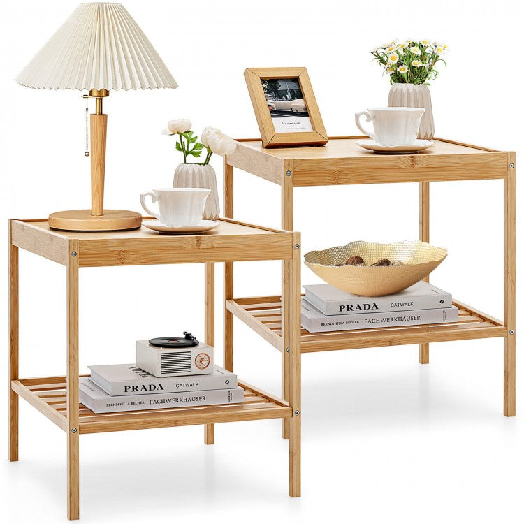 Set of 2 Bamboo Nightstands with Open Shelf for Bedroom and Living Room