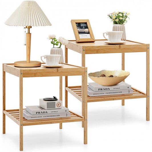 Set of 2 Bamboo Nightstands with Open Shelf for Bedroom and Living Room