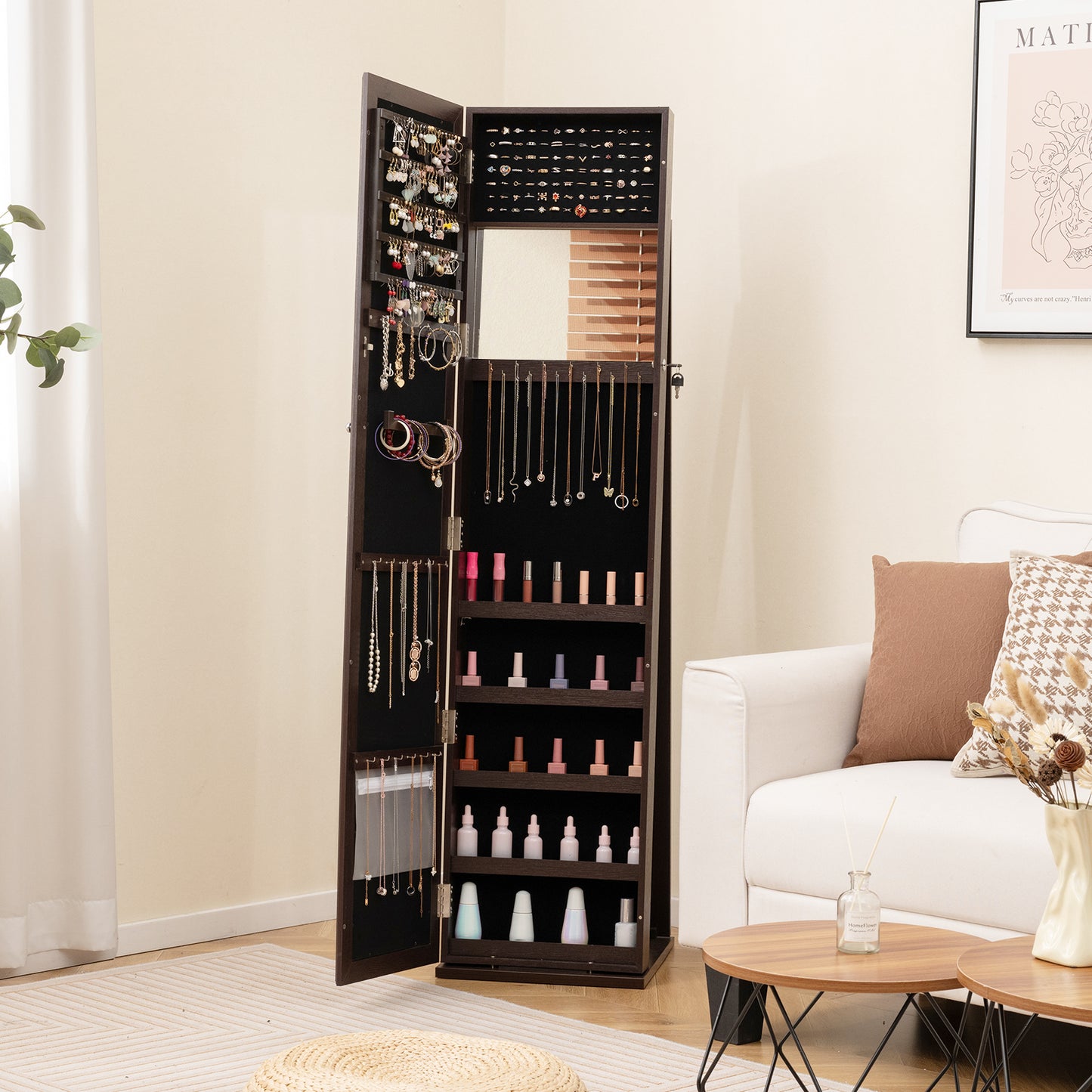 Tall Freestanding Mirror Jewelry Cabinet with Key Lock and Velvet Interior Coffee