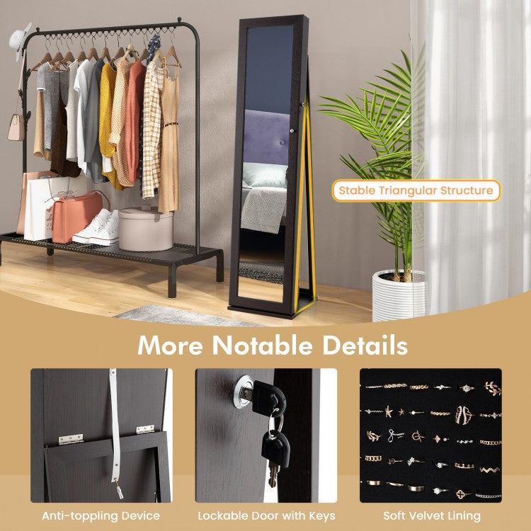 Tall Freestanding Mirror Jewelry Cabinet with Key Lock and Velvet Interior Coffee