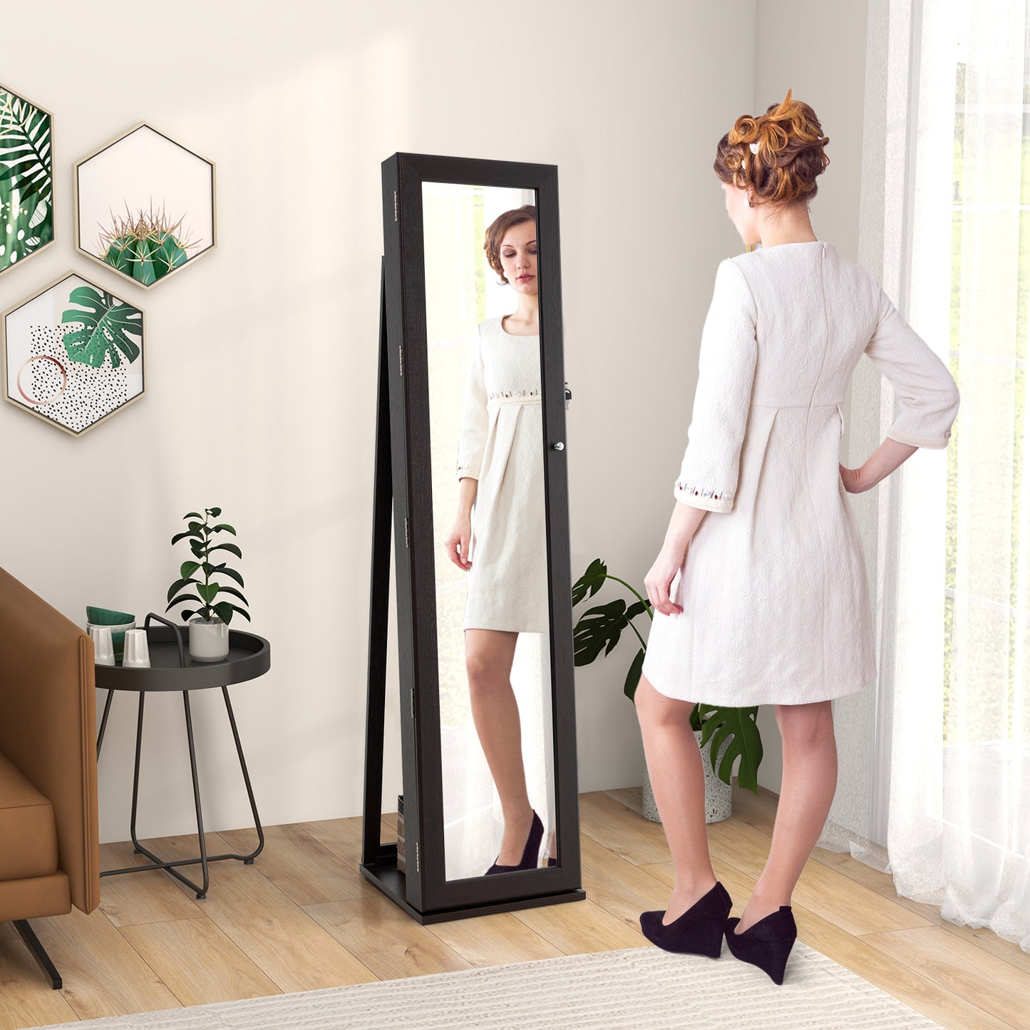 Tall Freestanding Mirror Jewelry Cabinet with Key Lock and Velvet Interior Coffee