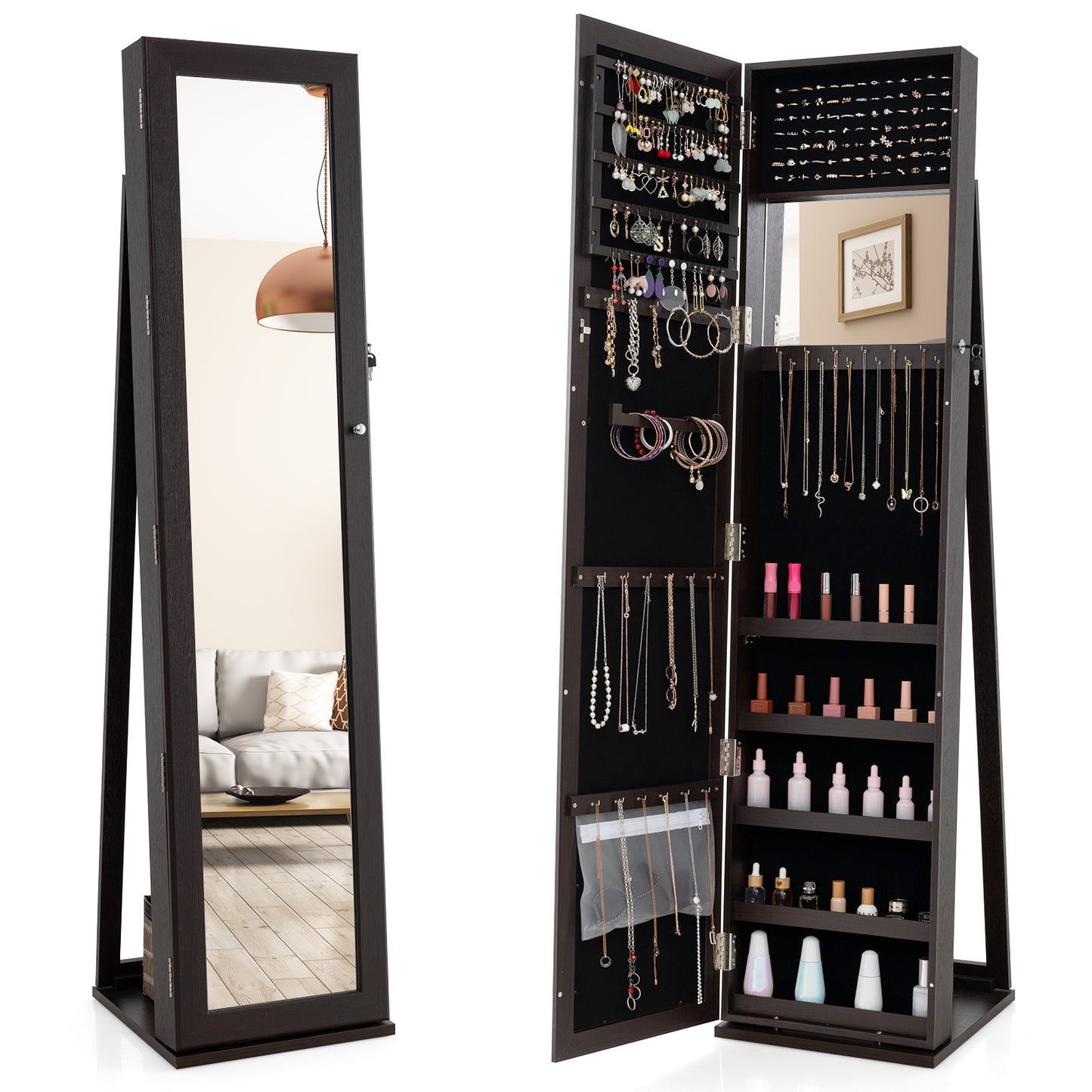 Tall Freestanding Mirror Jewelry Cabinet with Key Lock and Velvet Interior Coffee