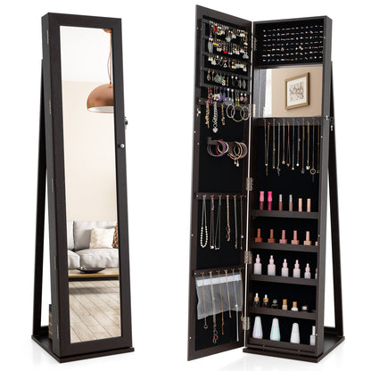 Tall Freestanding Mirror Jewelry Cabinet with Key Lock and Velvet Interior Coffee