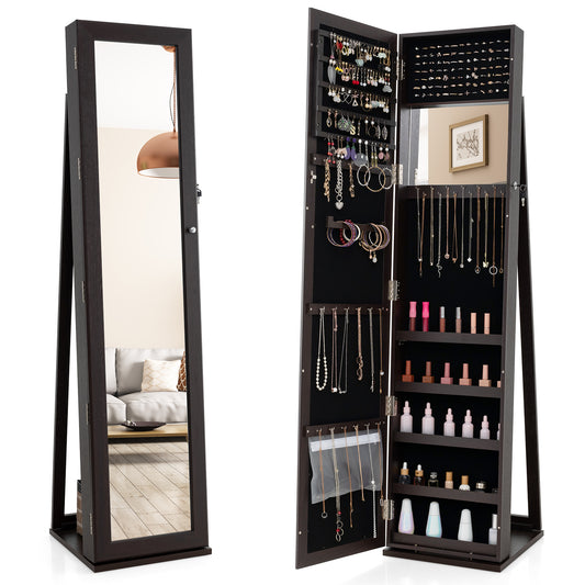 Tall Freestanding Mirror Jewelry Cabinet with Key Lock and Velvet Interior Coffee