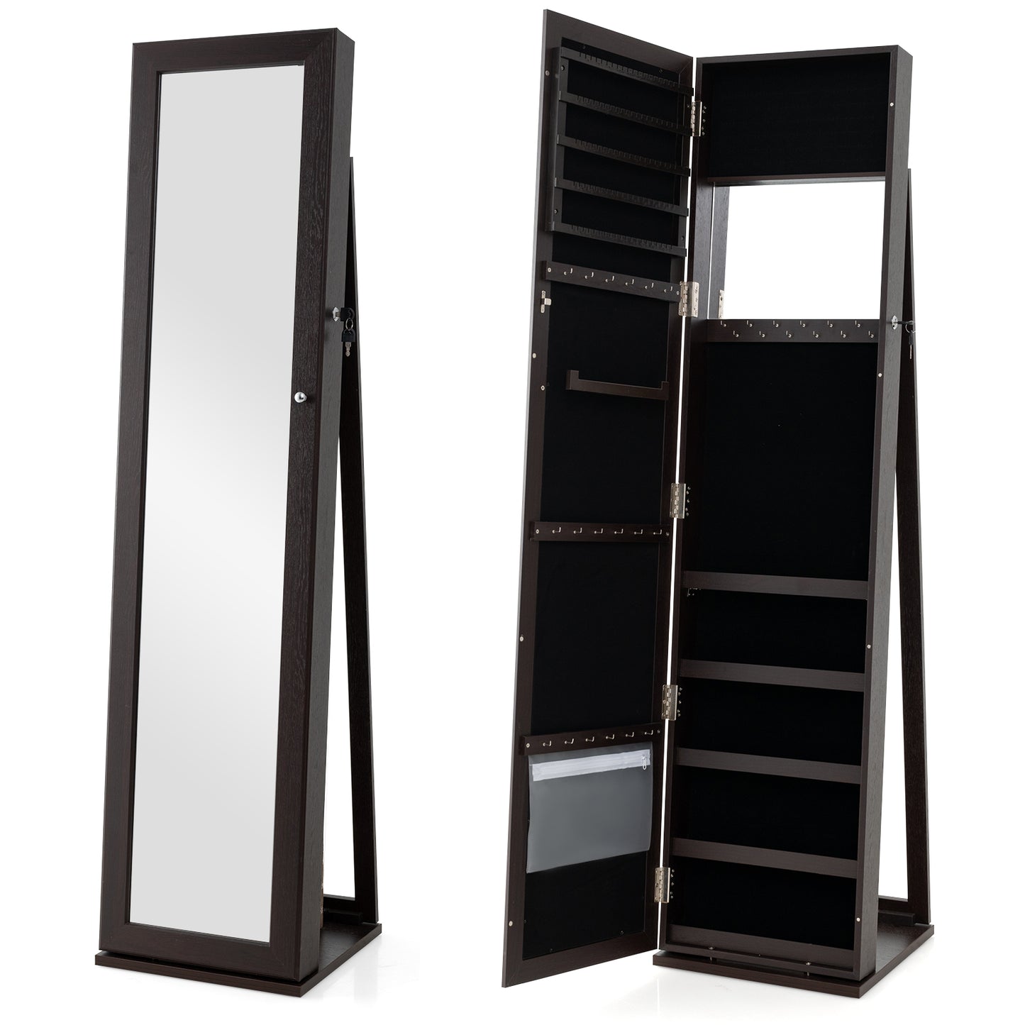 Tall Freestanding Mirror Jewelry Cabinet with Key Lock and Velvet Interior Coffee