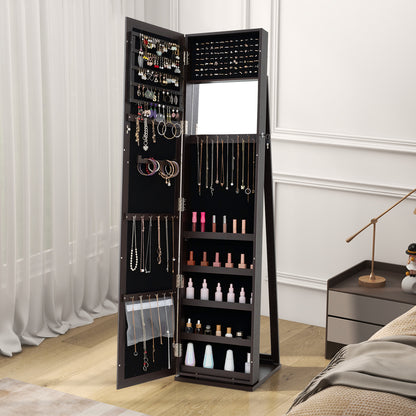 Tall Freestanding Mirror Jewelry Cabinet with Key Lock and Velvet Interior Coffee