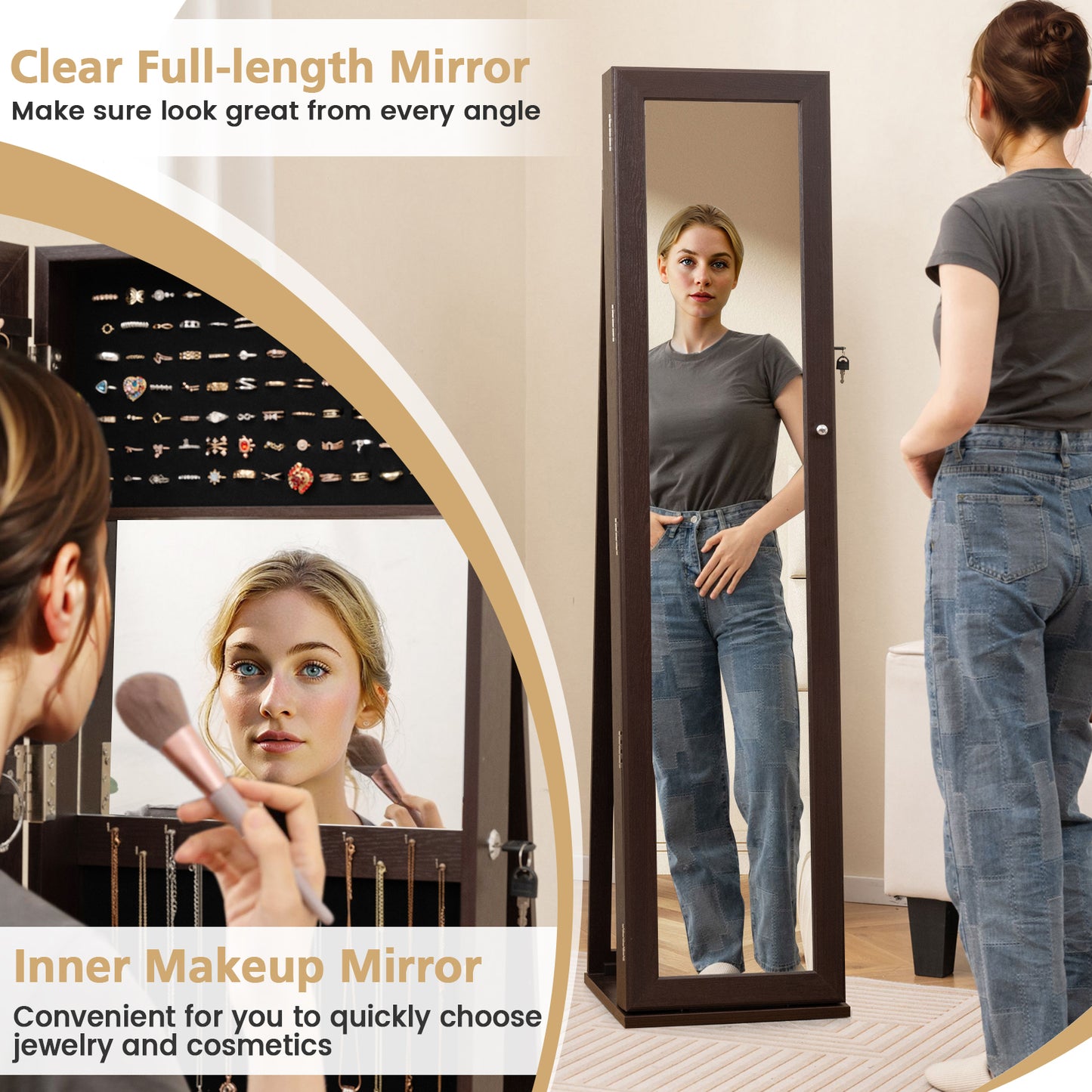 Tall Freestanding Mirror Jewelry Cabinet with Key Lock and Velvet Interior Coffee