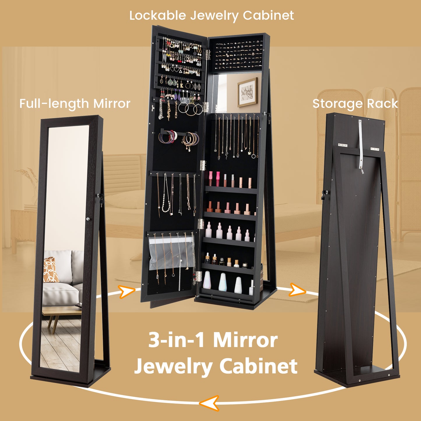 Tall Freestanding Mirror Jewelry Cabinet with Key Lock and Velvet Interior Coffee
