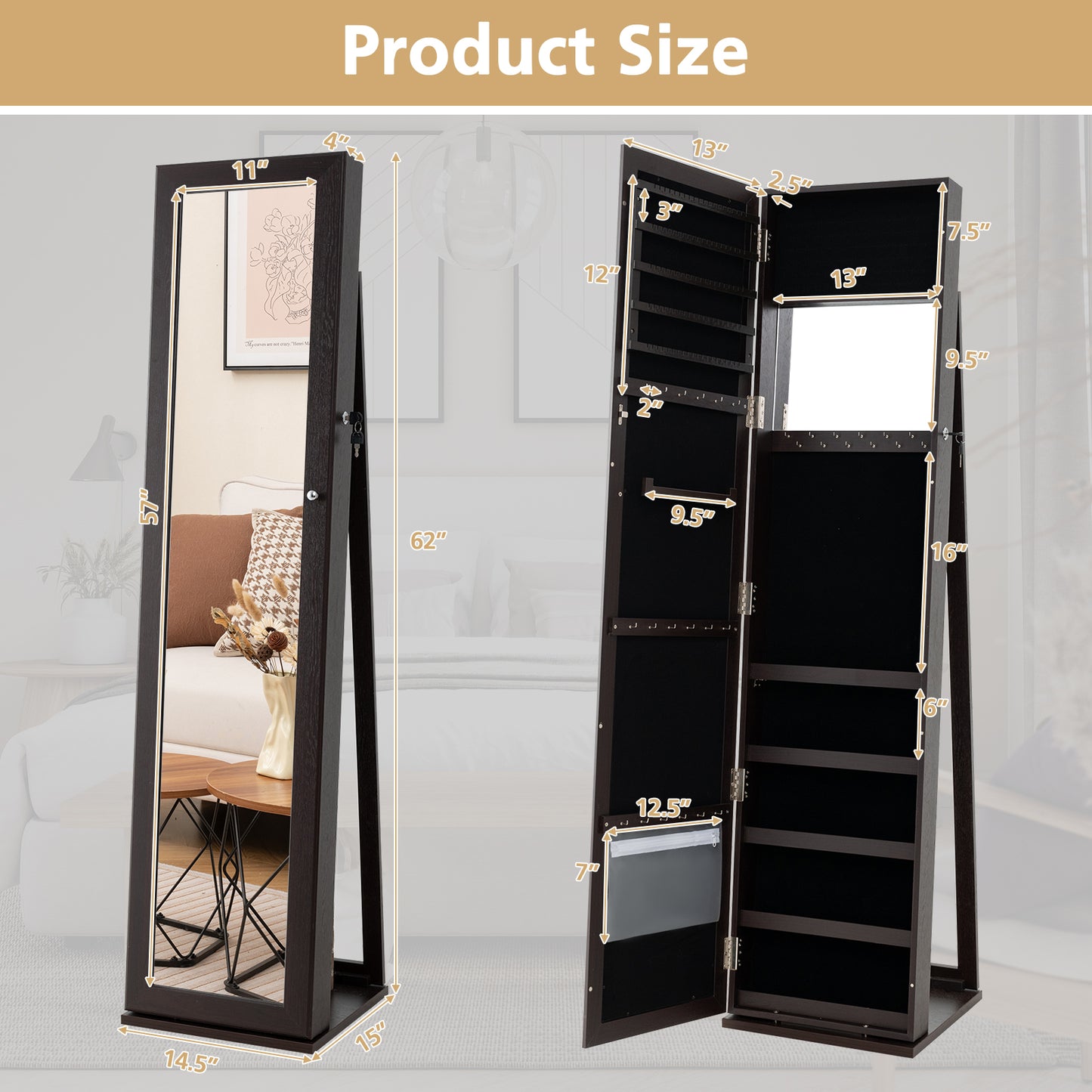 Tall Freestanding Mirror Jewelry Cabinet with Key Lock and Velvet Interior Coffee