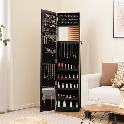 Tall Freestanding Mirror Jewelry Cabinet with Key Lock and Velvet Interior Black