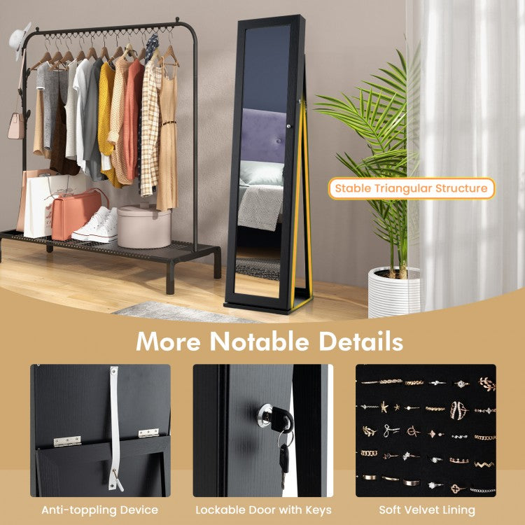 Tall Freestanding Mirror Jewelry Cabinet with Key Lock and Velvet Interior Black