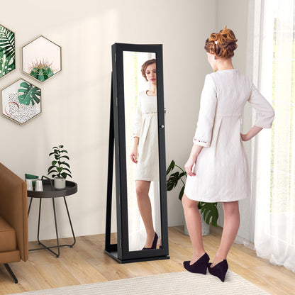 Tall Freestanding Mirror Jewelry Cabinet with Key Lock and Velvet Interior Black