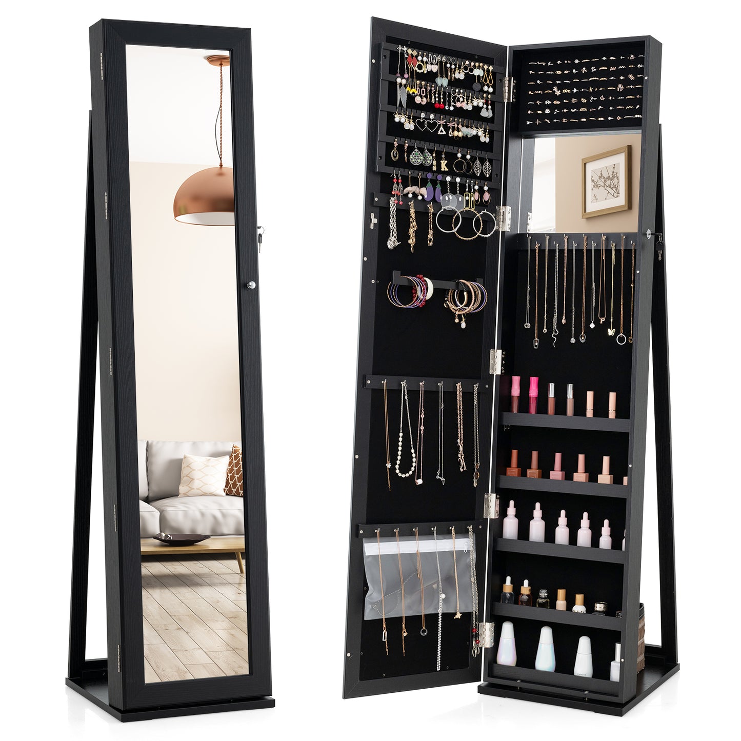 Tall Freestanding Mirror Jewelry Cabinet with Key Lock and Velvet Interior Black
