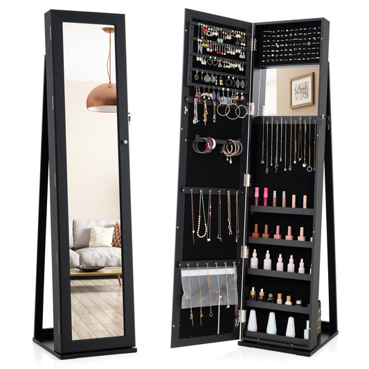 Tall Freestanding Mirror Jewelry Cabinet with Key Lock and Velvet Interior Black