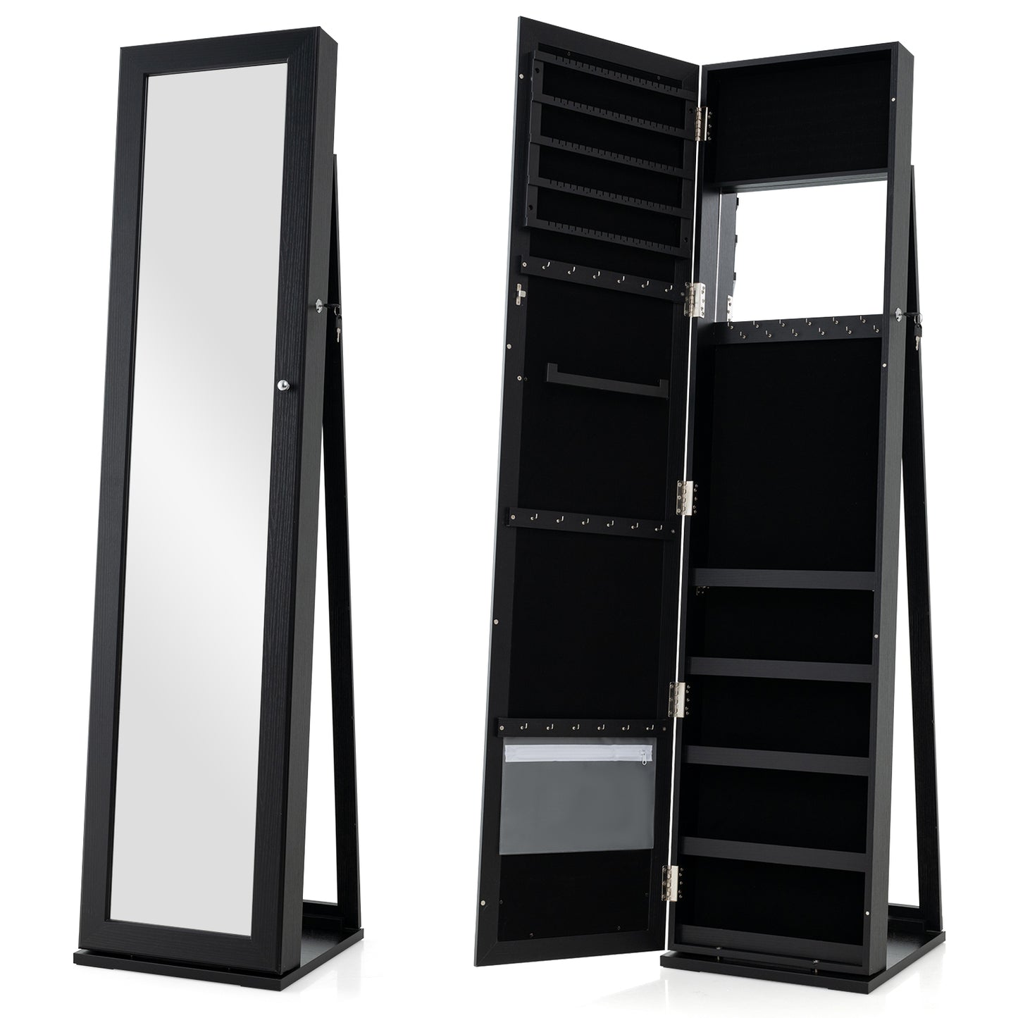 Tall Freestanding Mirror Jewelry Cabinet with Key Lock and Velvet Interior Black