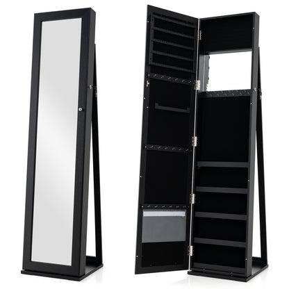 Tall Freestanding Mirror Jewelry Cabinet with Key Lock and Velvet Interior Black