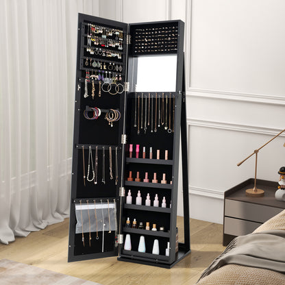 Tall Freestanding Mirror Jewelry Cabinet with Key Lock and Velvet Interior Black