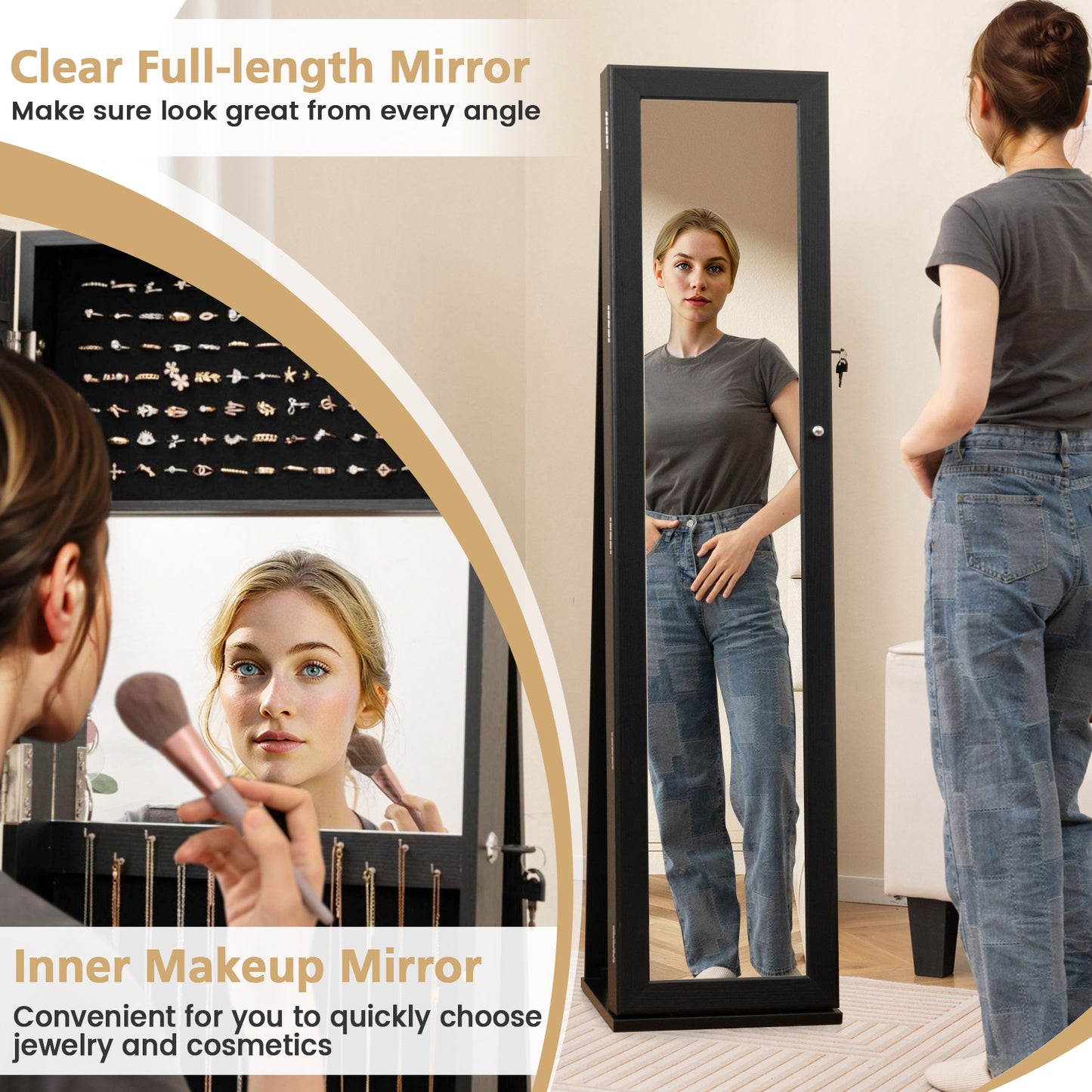 Tall Freestanding Mirror Jewelry Cabinet with Key Lock and Velvet Interior Black